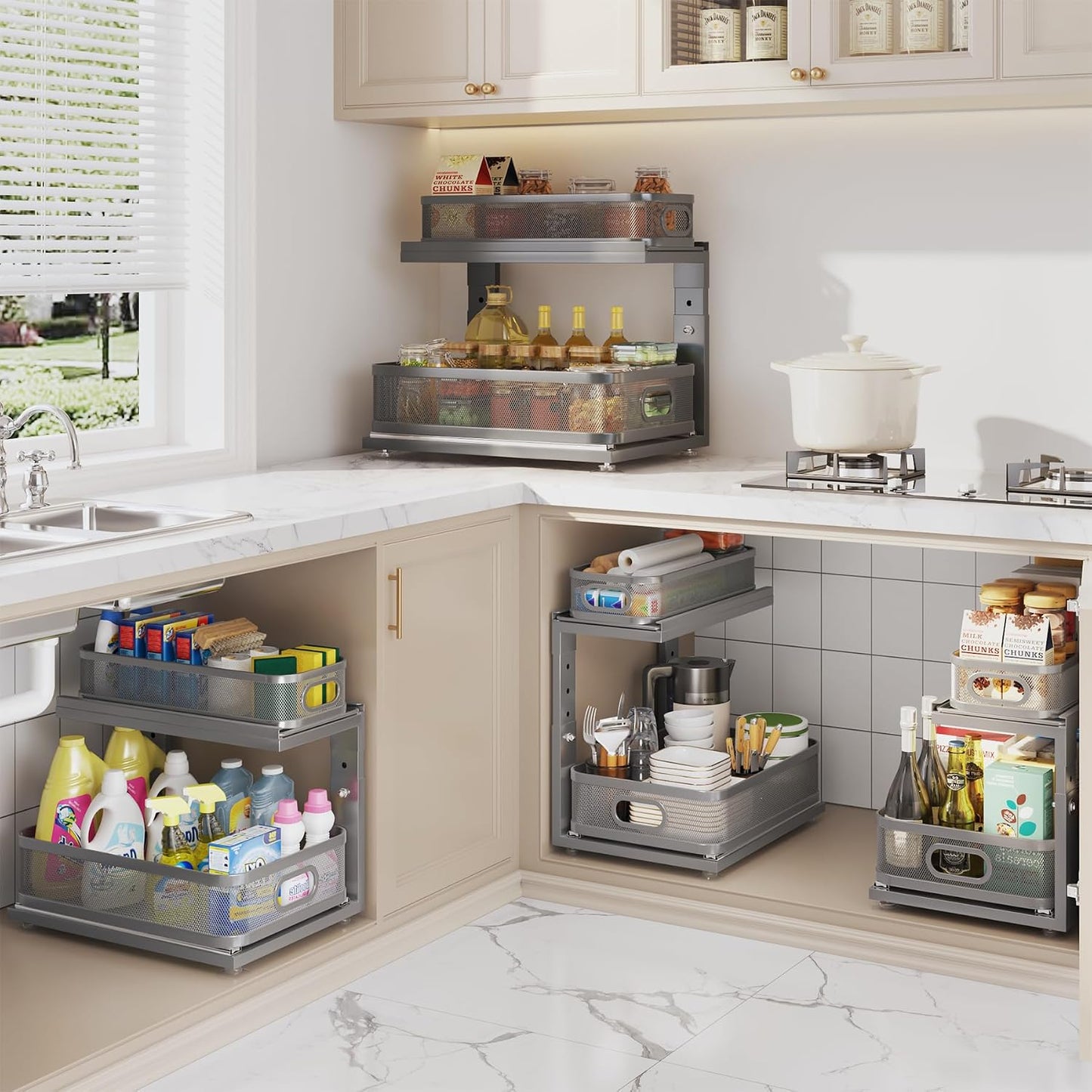 2 Pack 18.5IN-Depth Under Sink Organizer With Next-Gen Ball-Bearing Slides,2-Tier Precision Mesh Pull Out Cabinet Storage for Bathroom&Kitchen,Height Adjustable Drawers Shelf,Anti-rust-White