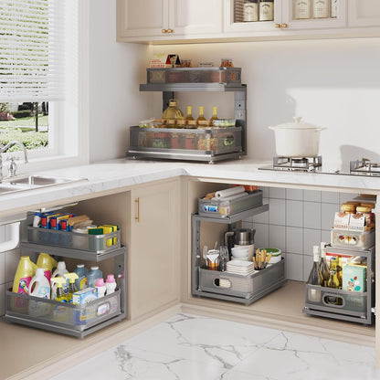 2 Pack 18.5IN-Depth Under Sink Organizer With Next-Gen Ball-Bearing Slides,2-Tier Precision Mesh Pull Out Cabinet Storage for Bathroom&Kitchen,Height Adjustable Drawers Shelf,Anti-rust-White
