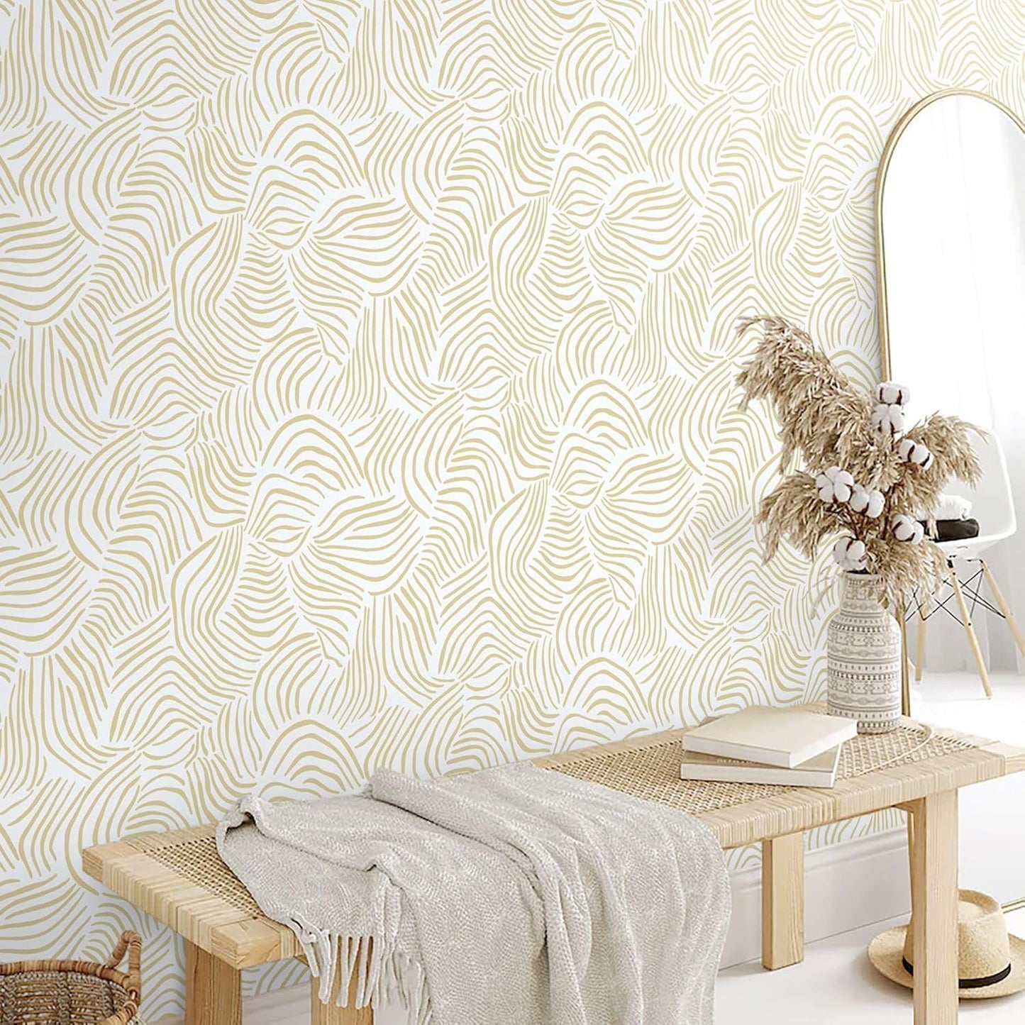 Dimoon 17.3" X 78.7" Peel and Stick Wallpaper Floral Contact Paper Boho Beige White Renter Friendly Natural Wall Paper Waterproof Removable Self Adhesive Wallpaper for Bedroom Livingroom Vinyl Roll