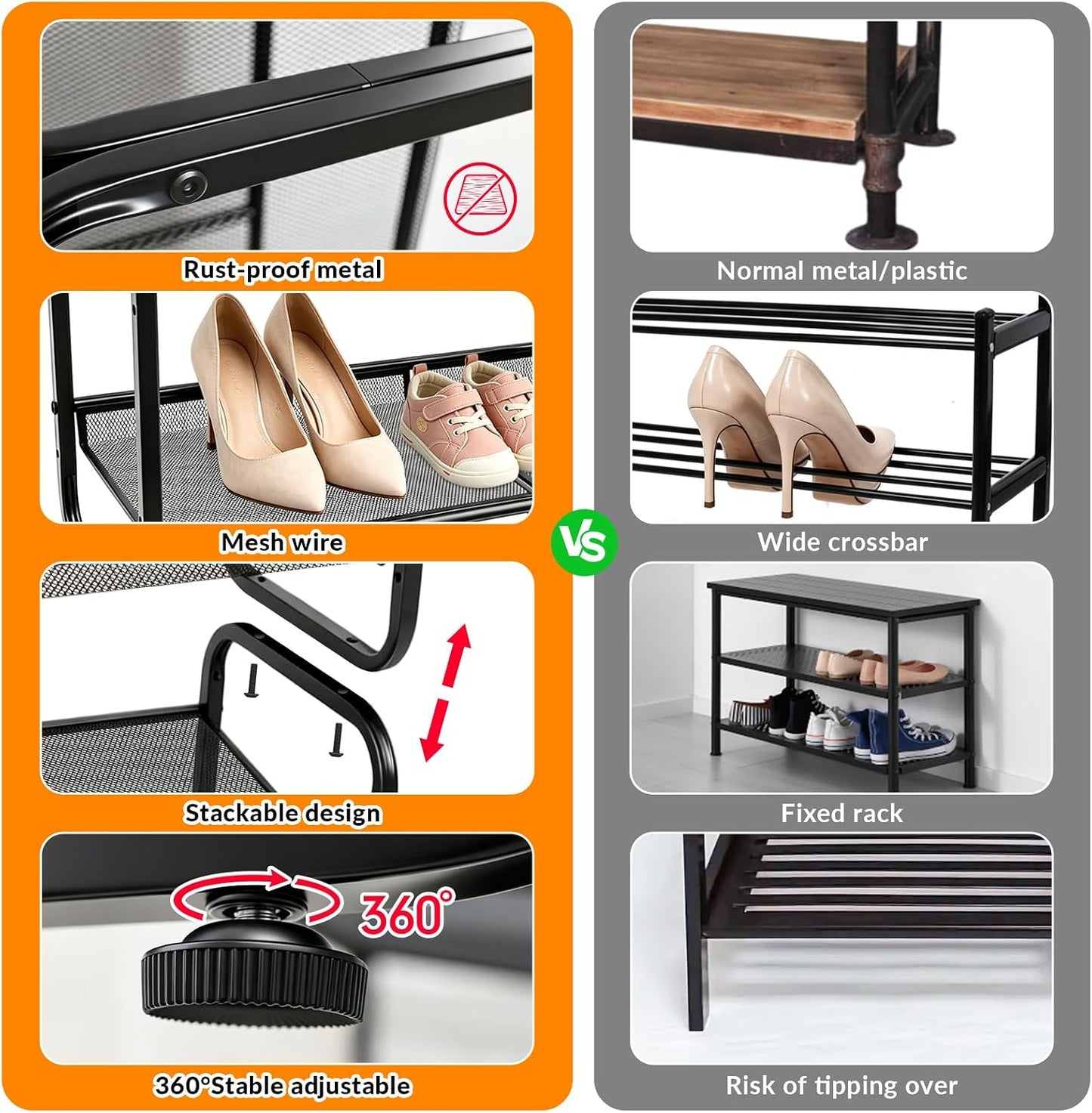 4 Tiers Metal Shoe Rack for Entryway Closet Hallway Bedroom Garage | Shoe Storage Organizer, Mesh Shoe Shelves, Freestanding, Stackable, Adjustable, Rustproof Black