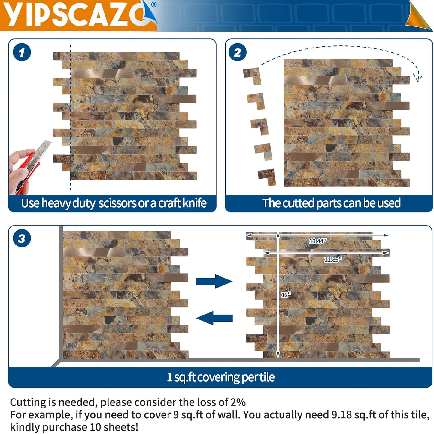 Yipscazo 2026 New Upgrade 11.34" X 11.57" Peel and Stick Backsplash, Stick on Backsplash Tiles for Kitchen, Bathroom, Fireplace (10 Sheets, Beige Rocks + Rose Gold)