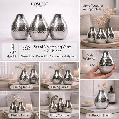 Hosley Small Cream Metal Tote Vase – Set of 4, 4.5" Long Decorative Mini Vases for Dried Floral Arrangements, Coffee Tables, Side Tables & Home Décor Accents