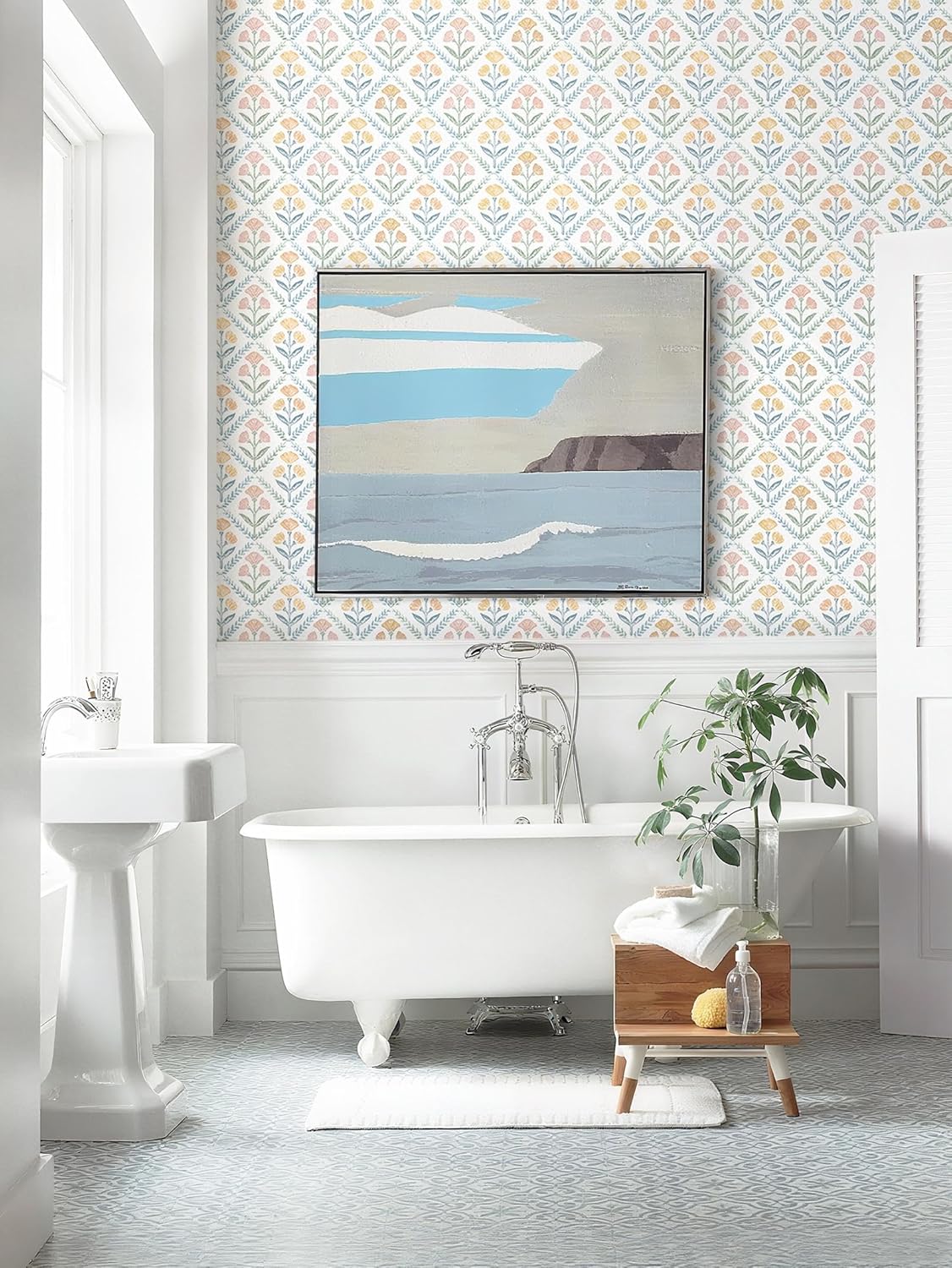 Dimoon 17.3''x78.7'' Peel and Stick Wallpaper Floral Cute Contact Paper Vintage Village Country Cottage Wallpaper Farmhouse Yellow Beige Renter Friendly Geometry Waterproof Embossed Kitchen Bedroom