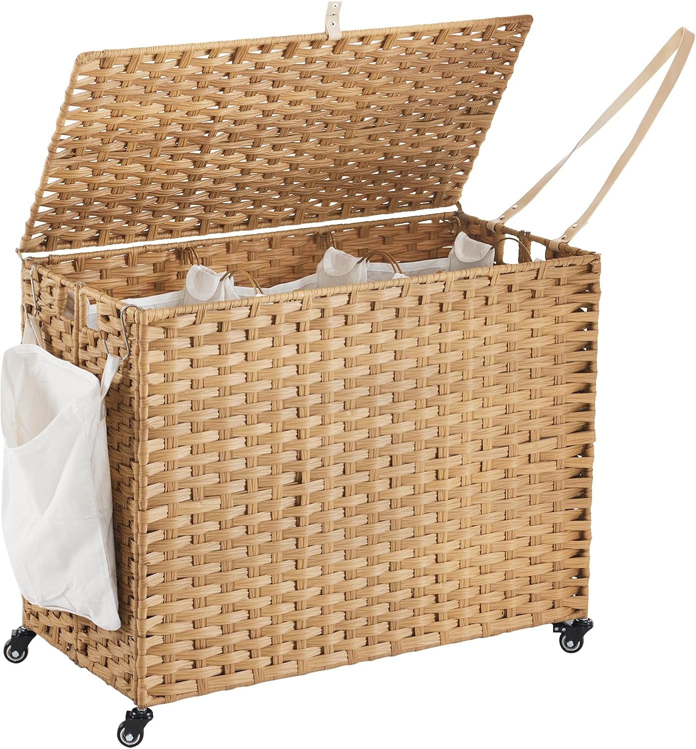 Laundry Hamper with Wheels, 34.3 Gallon(130L) Rolling Laundry Basket with Lid, 3-Section Rattan Clothes Hamper with 3 Removable Liner & 3 Mesh Bags, Laundry Sorter with Side Pocket, Brown