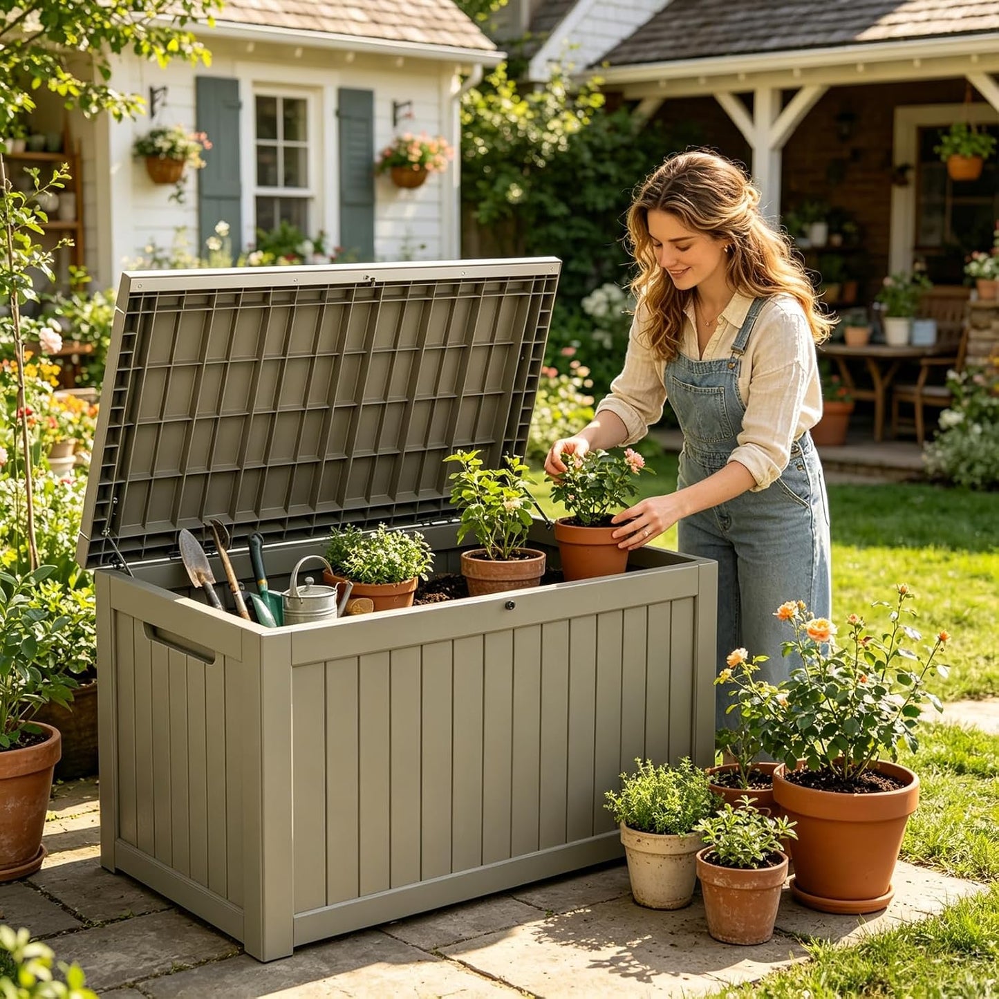 MAKINO 152 Gallon Resin Outdoor Storage Box, Waterproof Deck Box with Lockable Lid, Outside Storage Box for Patio Furniture, Pool Accessories, Garden Tools, Storage Bench for Backyard, Porch, Black
