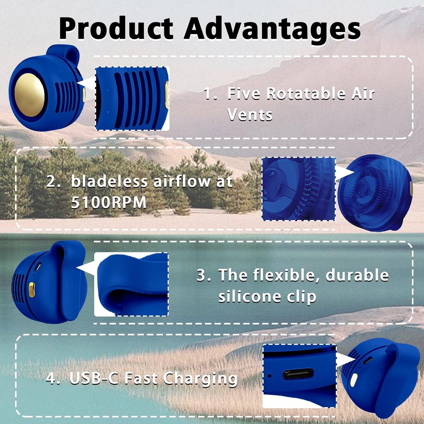 Portable Clip-On Fan, Mini USB Rechargeable 360° Rotatable Fan, Personal Fan 3-Speed Silent Mini Bladeless Fans