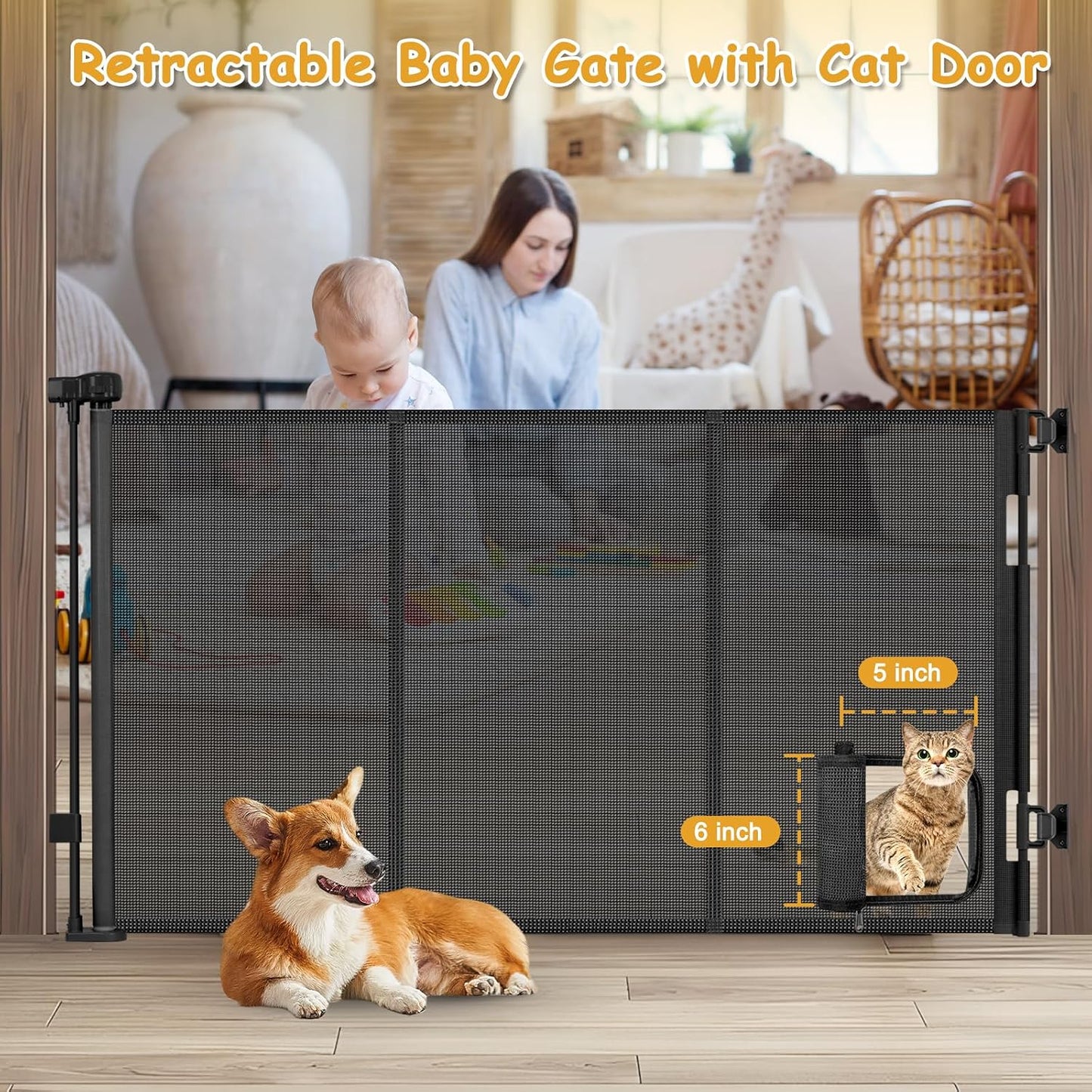 Reinforced 60” Wide Retractable Pet Gate with Cat Door Mesh Baby Gate for Stairs with Reinforced Strips Retractable Dog Gates with Cat Door Mesh Dog Gates for Doorways Separating Dogs from Cats, White