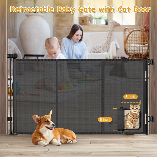 Reinforced 60” Wide Retractable Pet Gate with Cat Door Mesh Baby Gate for Stairs with Reinforced Strips Retractable Dog Gates with Cat Door Mesh Dog Gates for Doorways Separating Dogs from Cats, White