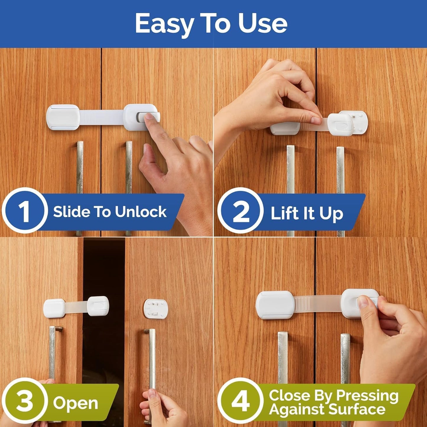 Swekid Child Safety Cabinet Locks (8-pack) Baby Profing - Safe Quick and Easy 3M Adhesive - Adjustable Cabinet Drawer Door Latches for Furniture Fridge Ovens Toilet Seats, No Drilling Required