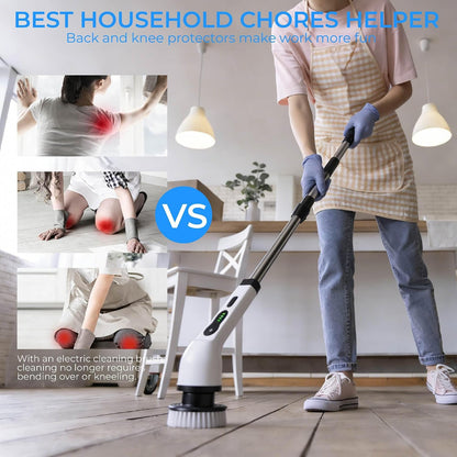 Electric Spin Scrubber with Long Handle，Cordless Bathroom & Kitchen Cleaner with 6 Replaceable Brush Heads，3 Adjustable Speeds for Tile Floor Tub Shower