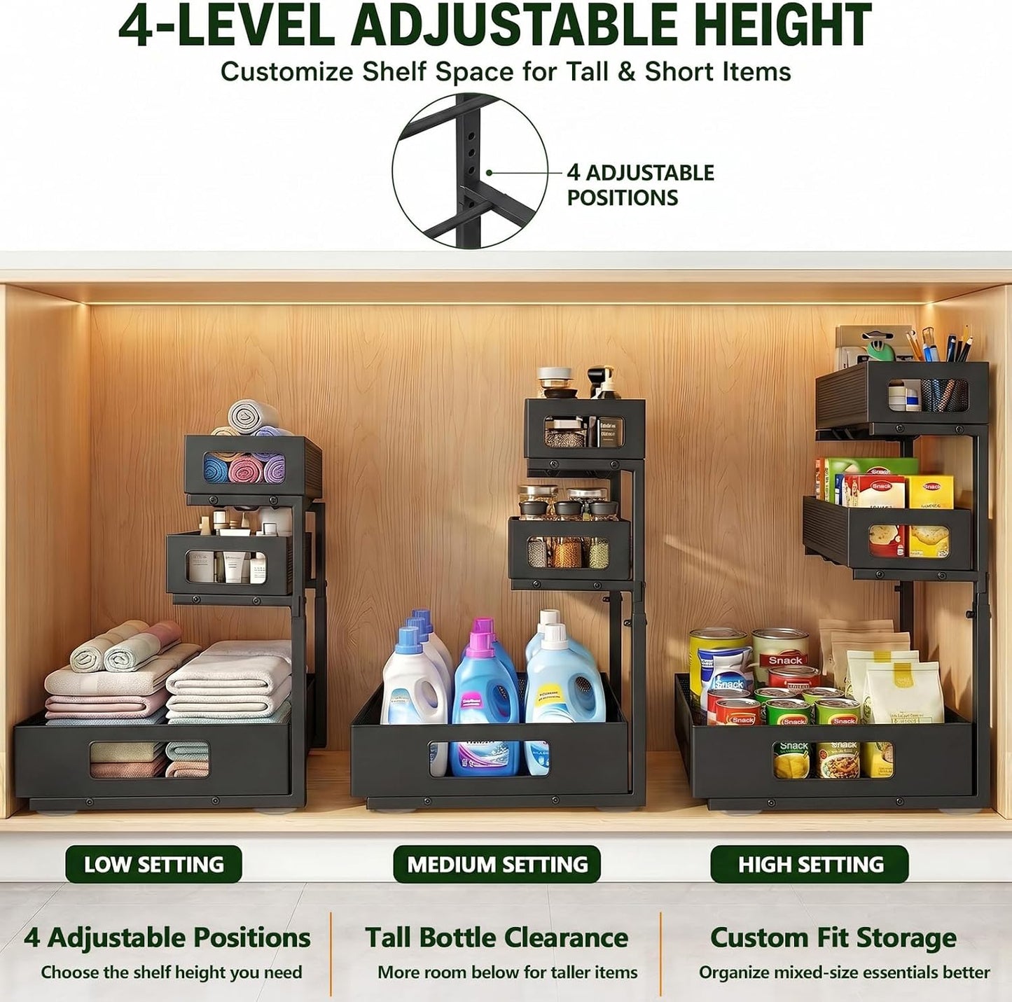 3 Tier Under Sink Organizer,2 Pack Pull Out Cabinet Shelves with Adjustable Height,Heavy Duty Carbon Steel L-Shaped Storage for Kitchen Bathroom Sink,Pantry & Laundry,White