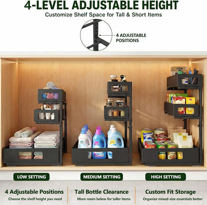 3 Tier Under Sink Organizer,2 Pack Pull Out Cabinet Shelves with Adjustable Height,Heavy Duty Carbon Steel L-Shaped Storage for Kitchen Bathroom Sink,Pantry & Laundry,White