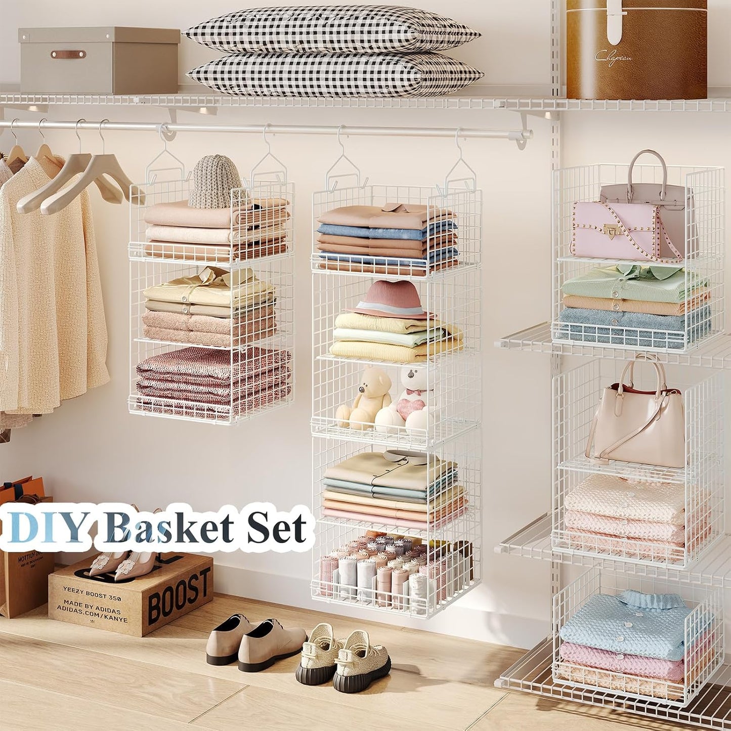 Yuyetuyo 5 Tier Closet Hanging Organizer and Storage Separable Hanging Closet Shelves with 4 Hooks 2 Adjustable Dividers, Wire Storage Basket Bins for Clothing Sweaters Socks Dolls Handbags, Foldable