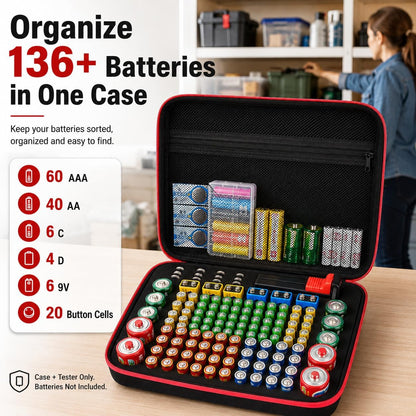 ALKOO 136+ Battery Organizer Storage Case with BT-168 Tester | AA AAA C D 9V & Button Cells Batteries Holder Box, Foam Protection, Home / Garage / Drawer Organization, Case Only, Red