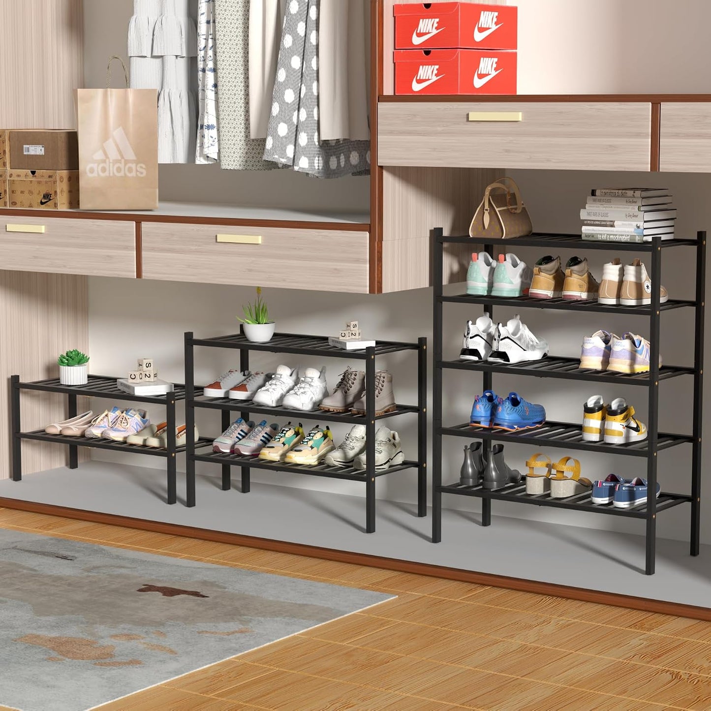 ROMGUAR CRAFT 3 Tier Bamboo Shoe Rack for Closet Free Standing Wood Shoe Shelf Storage Organizer for Entryway Small Space Stackable 27"x11"x20" (Natural)