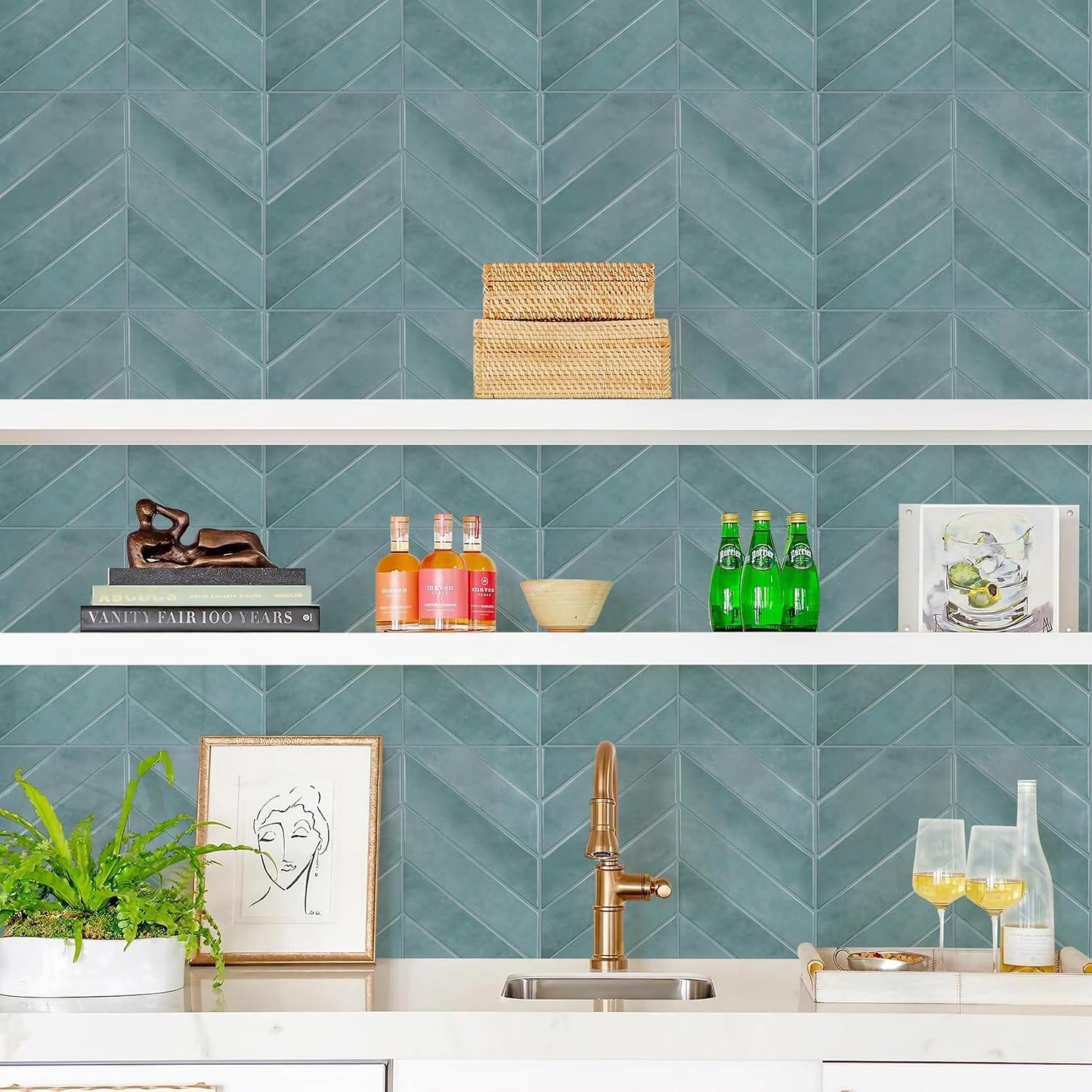 STICKGOO 10 Sheets Thicker Herringbone Peel and Stick Backsplash, 12.6”×9.7” Stick on Wall Tiles, Self Adhesive Tile Sticker for Kitchen Backsplash and Bathroom, White with Grey Grout