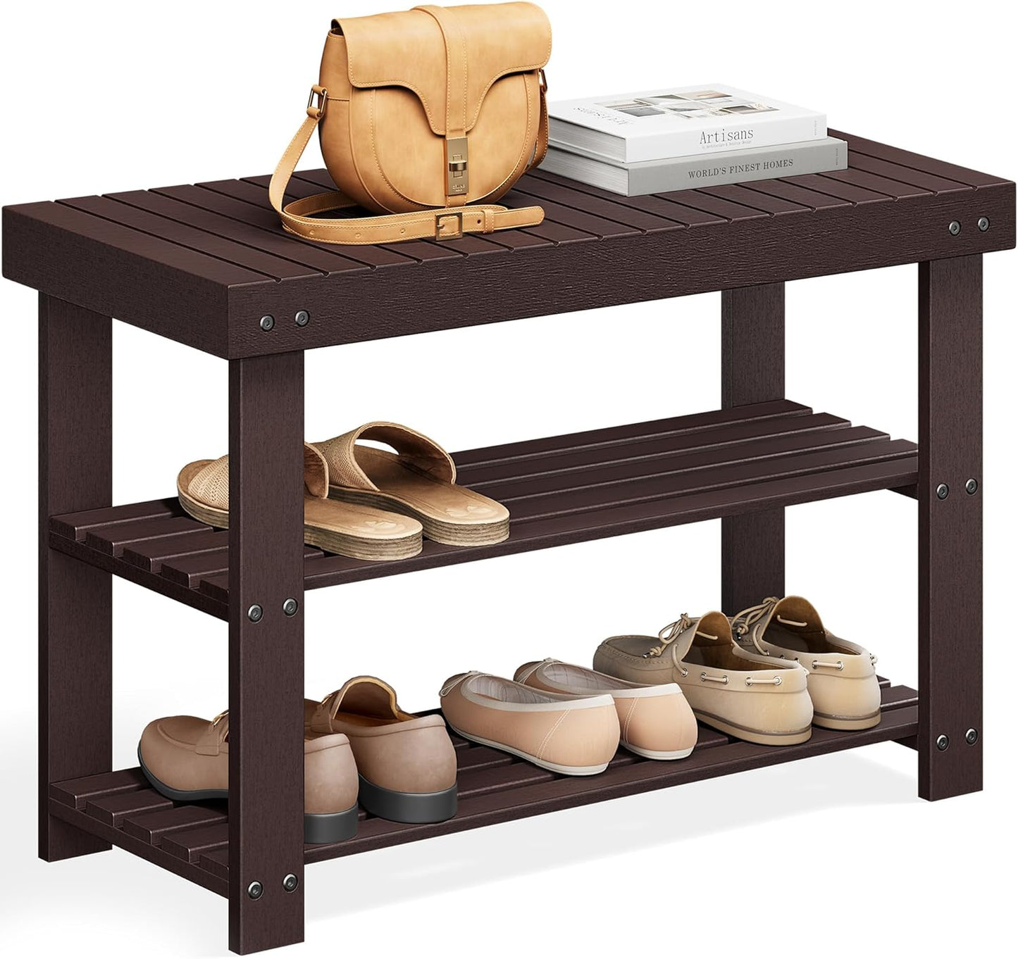 SONGMICS Shoe Rack Bench, 3-Tier Bamboo Shoe Storage Organizer, Entryway Bench, Holds Up to 286 lb, 11.3 x 27.6 x 17.8 Inches, for Entryway Bathroom Bedroom, Ink Black ULBS04H