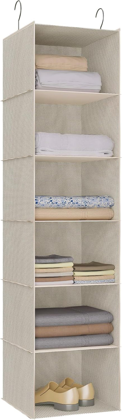 Hanging Closet Organizer 3-Shelf, Oxford Fabric Wardrobe Storage, Gray | Easy-mount foldable design holds clothes, handbags, shoes & accessories; washable Oxford fabric, sturdy and space-saving.