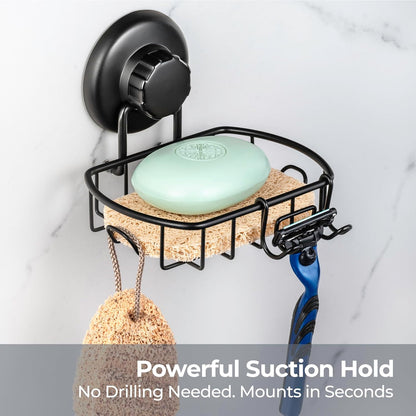 HASKO Suction Cup Soap Dish for Shower Wall, Rustproof Stainless Steel Shower Soap Holder for Bathroom with Hooks and Soap Saver, Includes Optional No Drill Adhesive Mount, Silver