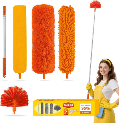 Tiumso Dusters for Cleaning,Microfiber Feather Duster 5-in-1 Kit, Duster with Extension Pole 100 Inches, Cobweb Duster, Microfiber Dusters for High Ceilings and Fans, Blinds and Cars