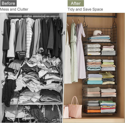 X-cosrack Closet Hanging Organizer Shelves - 5 Tier Wardrobe Organizers and Storage Bin, Hanging Organizer Shelves, Clothes Shelf with Adjustable Dividers for Bedroom Closet Sweater Shoes Handbag