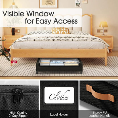 Yecaye Under Bed Storage with Wheels, 2 Pack Under Bed Storage Containers, 60L Underbed Shoe Storage with Clear Window & Label, Rolling Under Bed Metal Drawer for Clothes, Shoes, Books, Blankets