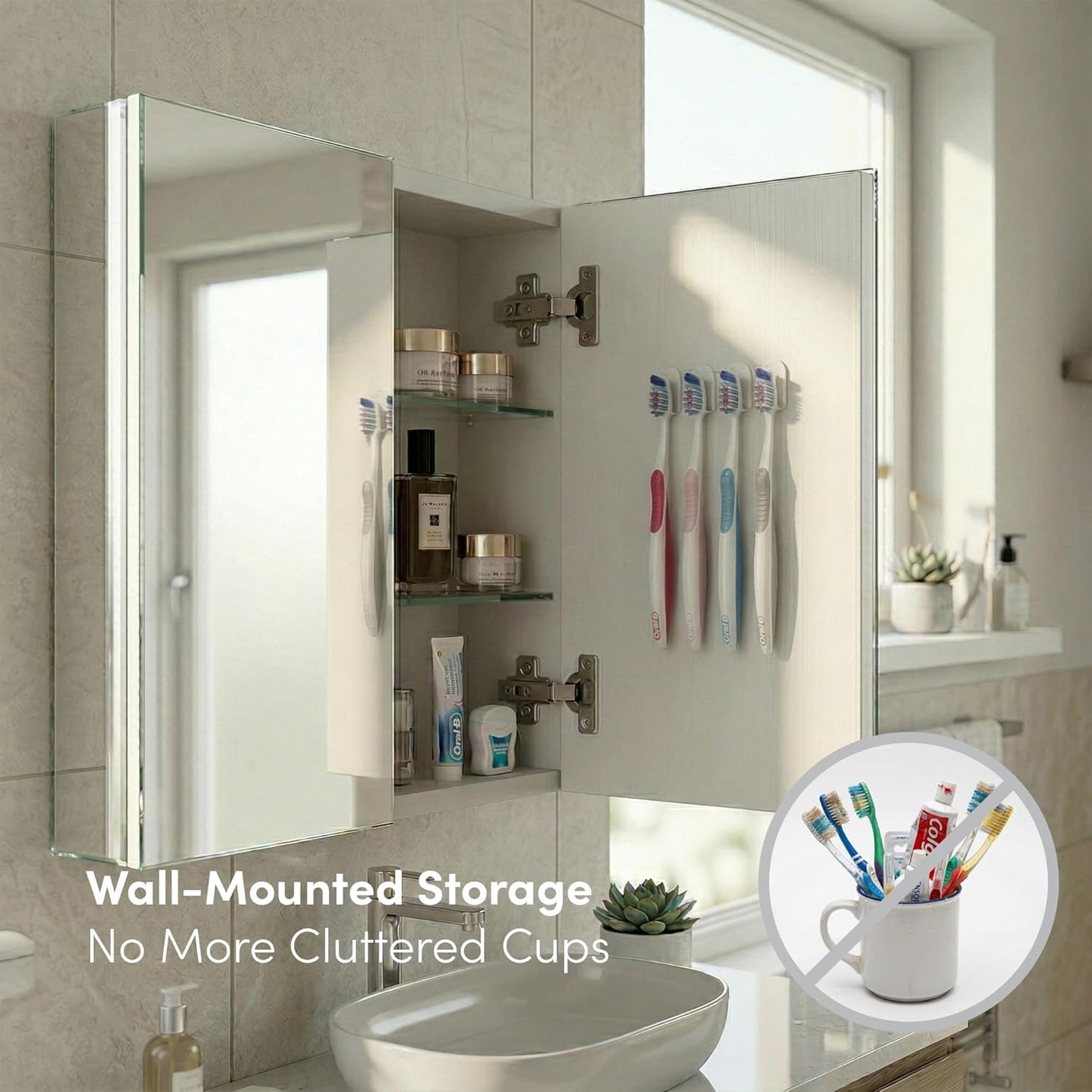Aluminum Toothbrush Holder, Set of 4 Wall Mounted Self-Adhesive Clips, Anodized Finish for Quick-Dry Storage – No Drilling Required