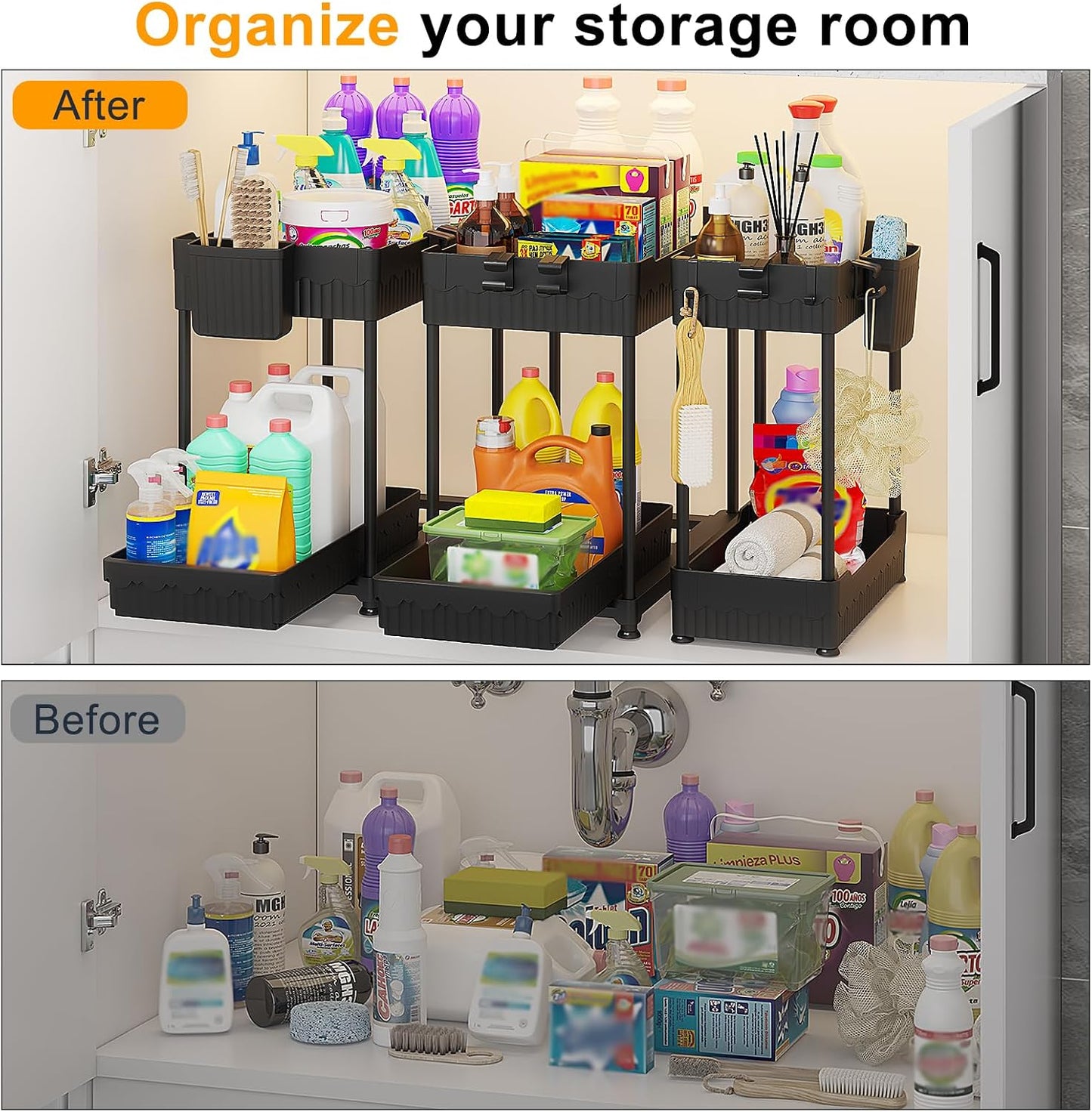 Sevenblue 3-Pack 2-Tier Under Sink Organizers with Sliding Drawers | Multi-use kitchen & bathroom storage, 12.8 inch black cabinet organizer, space-saving sliding drawer design.