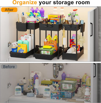 Sevenblue 3-Pack 2-Tier Under Sink Organizers with Sliding Drawers | Multi-use kitchen & bathroom storage, 12.8 inch black cabinet organizer, space-saving sliding drawer design.