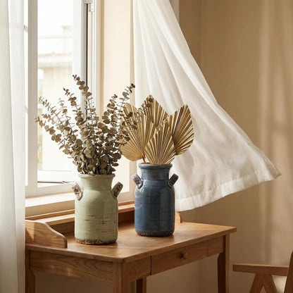 Ceramic Vase Set of 3 with Handles, Green White Neutral Rustic Modern Farmhouse Boho Decor, Versatile as Table Centerpiece or Mantel & Shelf Accent - Unique Home Gift Idea