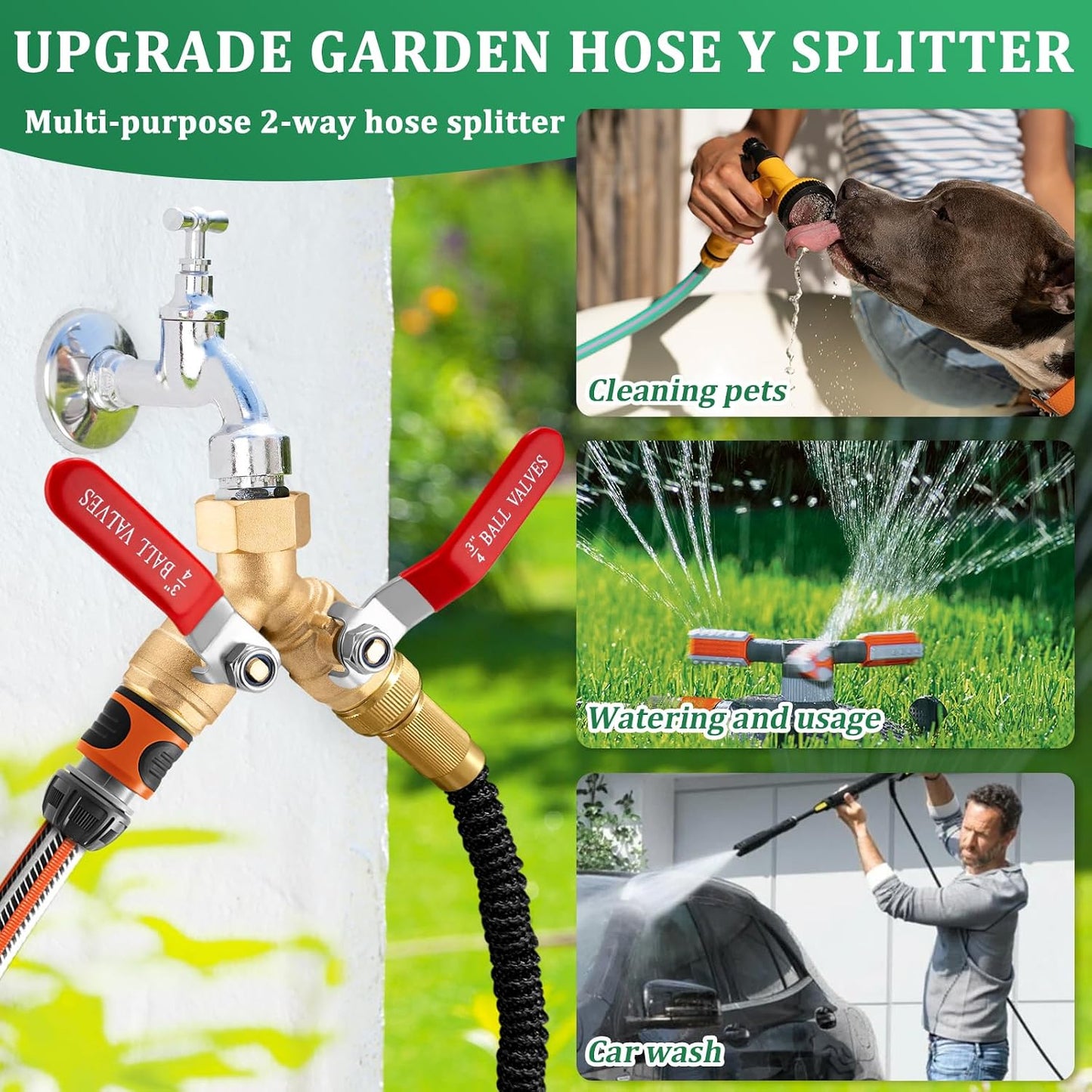 Garden Hose Splitter 2 way Heavy Duty, Brass Water Hose Splitter High Flow With Long Handle, 3/4 Inch Garden Hose Y Valve Garden Splitter, Full Flow Y Valve Hose Splitter With Wrench