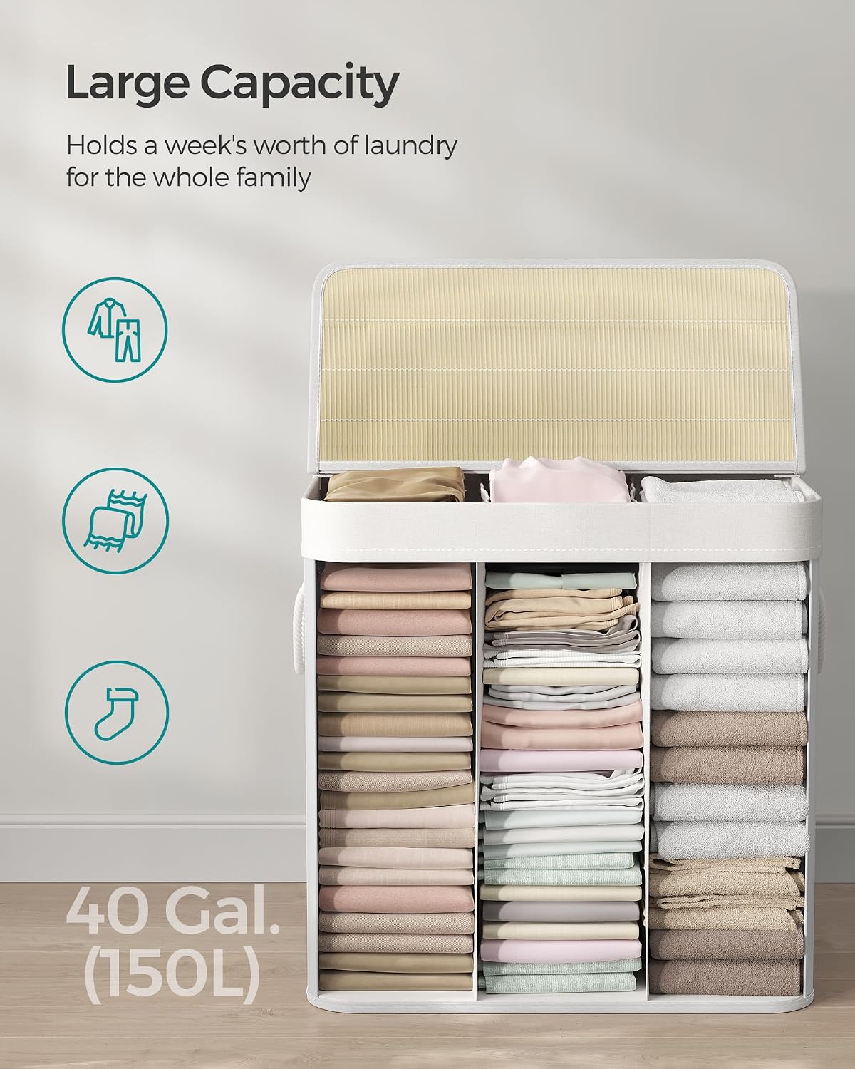 SONGMICS Laundry Hamper, 39.6 Gallons (150L), 3-Section Laundry Basket, Laundry Hamper with Lid, Bamboo, Foldable, Removable and Machine Washable Liner, for Laundry Room, Bedroom, White ULCB091W01