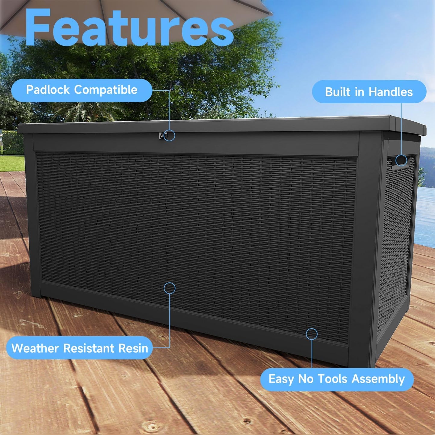 320 Gallon Outdoor Storage Box,Large Waterproof UV Resistant Deck Box,Lockable Storage Container for Patio Furniture Cushions Garden Tools and Pool Accessories(Black)