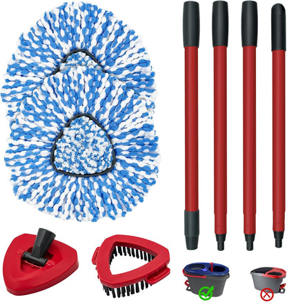 Spin Mop Handle, Mop Heads Replacements,Scrubber Brush and Mop Base Compatible with Ocedar RinseClean 2-Tank System, Mop Handle and Head Replacement Combo Set for Wet Dry Use Floor Cleaning
