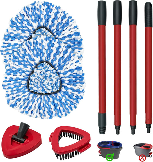 Spin Mop Handle, Mop Heads Replacements,Scrubber Brush and Mop Base Compatible with Ocedar RinseClean 2-Tank System, Mop Handle and Head Replacement Combo Set for Wet Dry Use Floor Cleaning