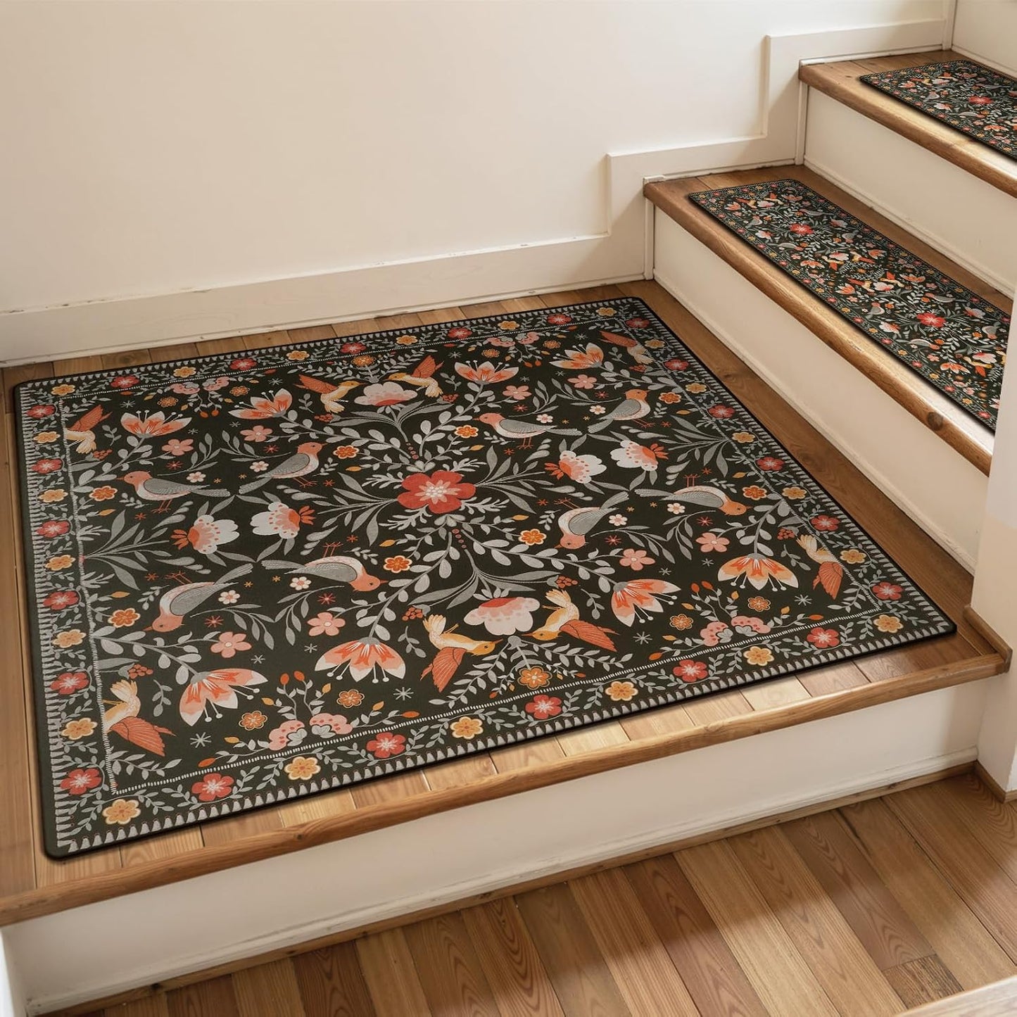 OJIA Floral Stair Treads Non-Slip Stair Runner for Wooden Steps Indoor 15PCS 30"x8" Carpet Stair Treads Stair Mats Staircase Step Treads for Kids, Elders and Dogs, Stair Covers, Black