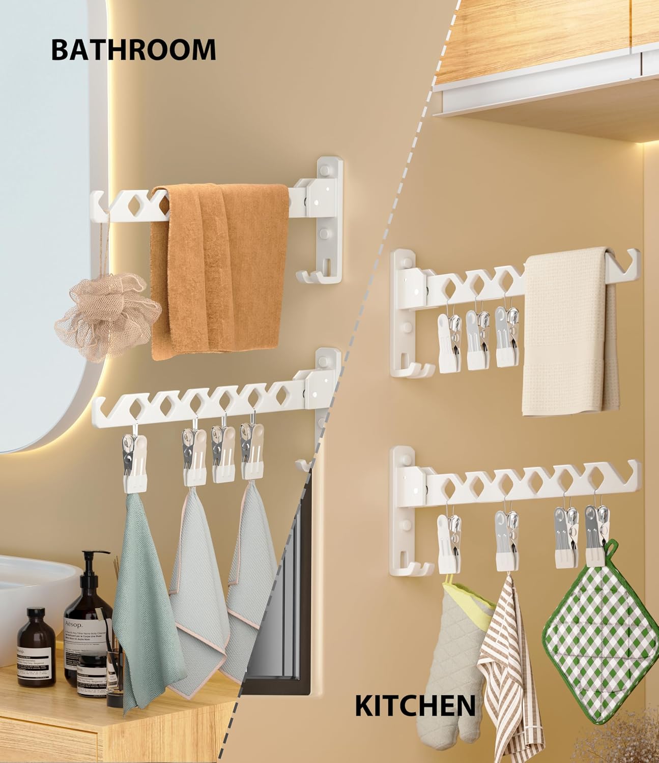 Dr.DJ Wall Mount Coat Hanger Holder Black Clothes Drying Organizer Rack Garment Hooks Aluminium Retractable Folding Indoor Wall Mounted Hanger Space Saver for Laundry Room Bedroom Black 2Pack