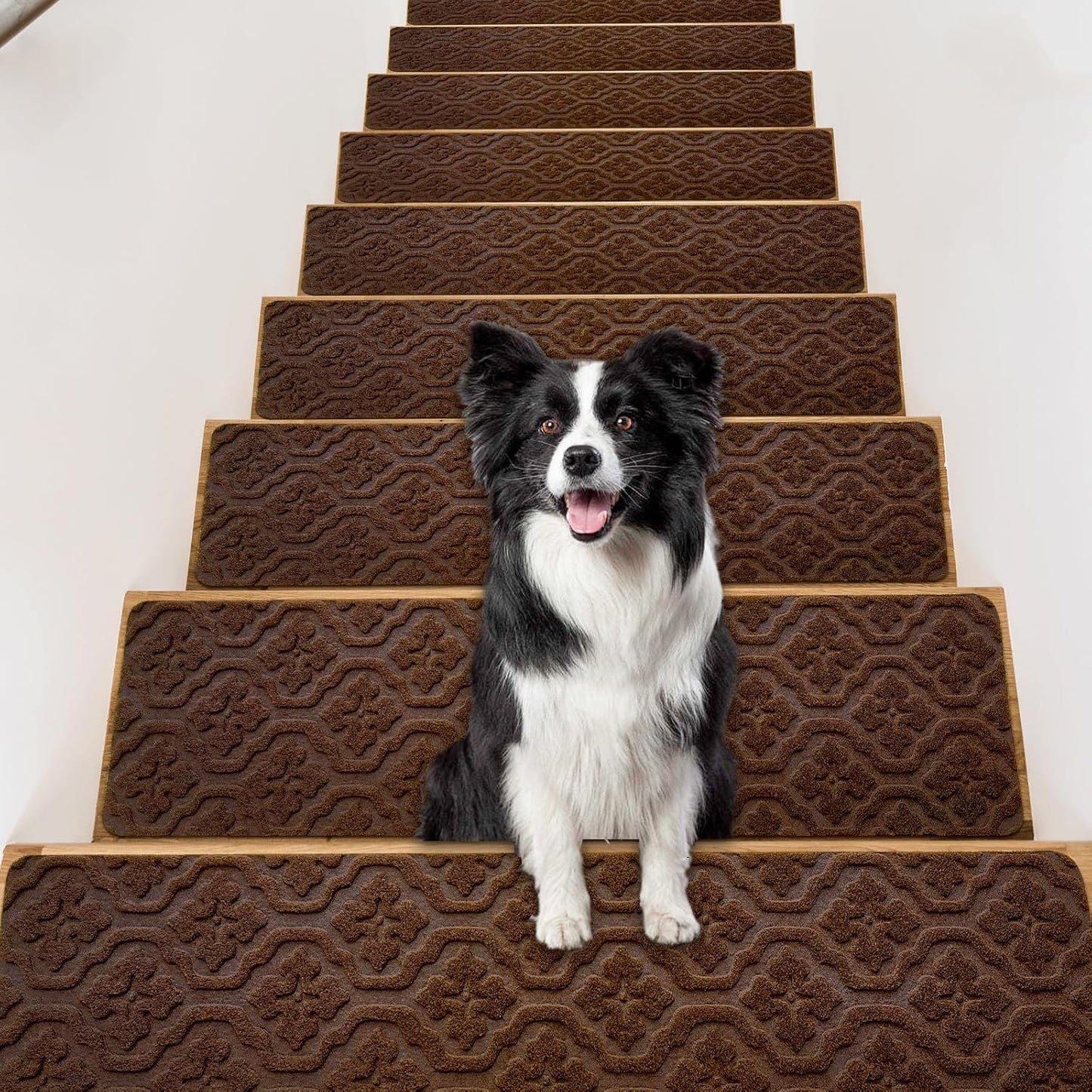 15 Pack 8 "X 30" Non-Slip Carpet Stair Treads for Indoor Wooden Steps, Made of Polyester and Reusable Adhesive, Suitable for Kids Elders and Pets（Black Lines）