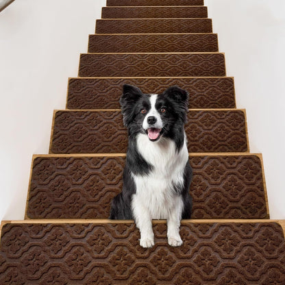 15 Pack 8 "X 30" Non-Slip Carpet Stair Treads for Indoor Wooden Steps, Made of Polyester and Reusable Adhesive, Suitable for Kids Elders and Pets（Black Lines）