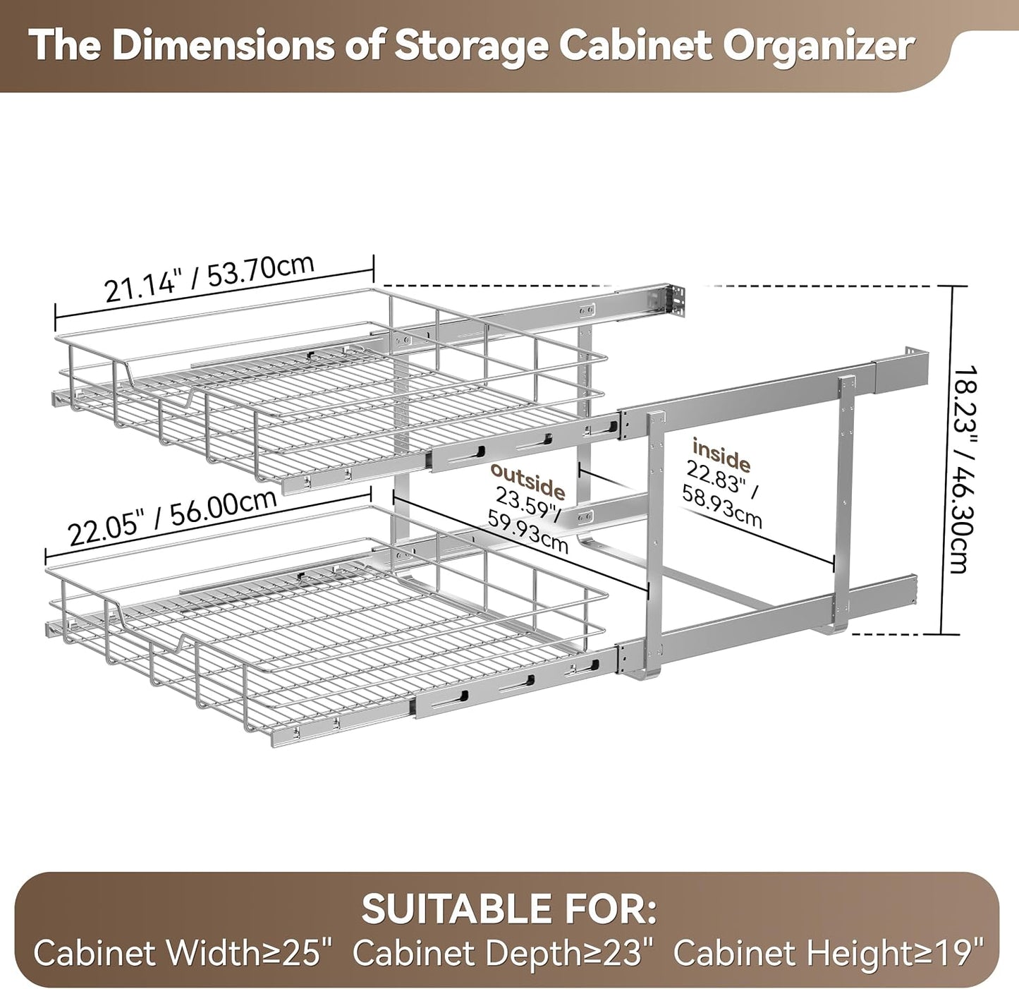 2 Tier Pull Out Cabinet Organizer 11" W X 22" D, Slide Out Drawers For Kitchen Cabinets, Pull Out Drawers For Cabinets Capacity Heavy Duty Caddy, Cabinet Pullout Shelves Chrome-Plated, Bathroom Pantry