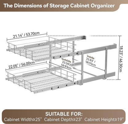 2 Tier Pull Out Cabinet Organizer 11" W X 22" D, Slide Out Drawers For Kitchen Cabinets, Pull Out Drawers For Cabinets Capacity Heavy Duty Caddy, Cabinet Pullout Shelves Chrome-Plated, Bathroom Pantry