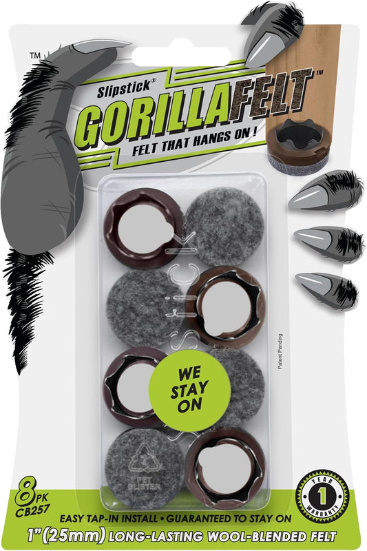 GorillaFelt Chair Leg Floor Protectors/Felt Chair Glides (Set of 16) Tap-On Felt Furniture Pads Guaranteed to Stay On, 1 Inch Round Chair Sliders
