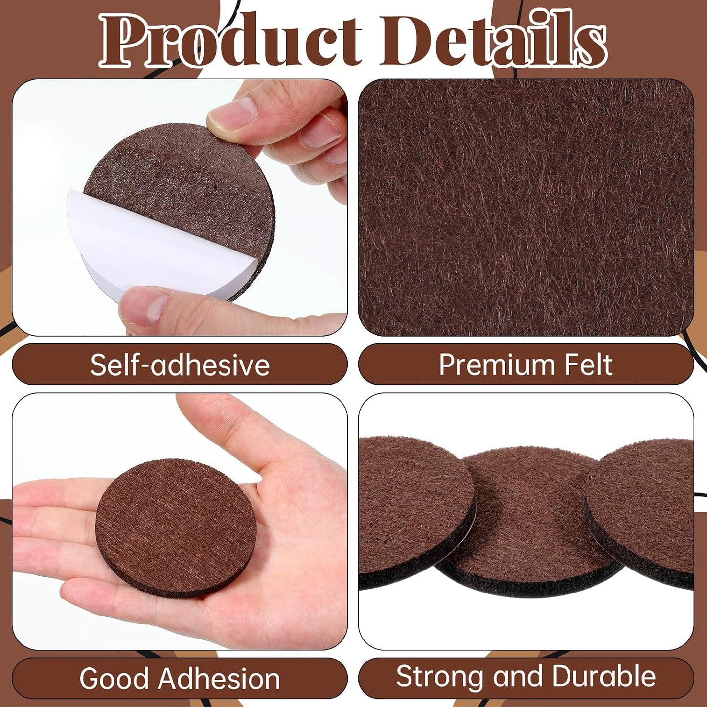 16 Pcs Chair Felt Pads, Anti Scratch 2-1/2”/63mm Antislip Furniture Pads Brown Round Self Adhesive Felt Floor Protectors 5mm Thick for Furnitures Feet Chair Legs