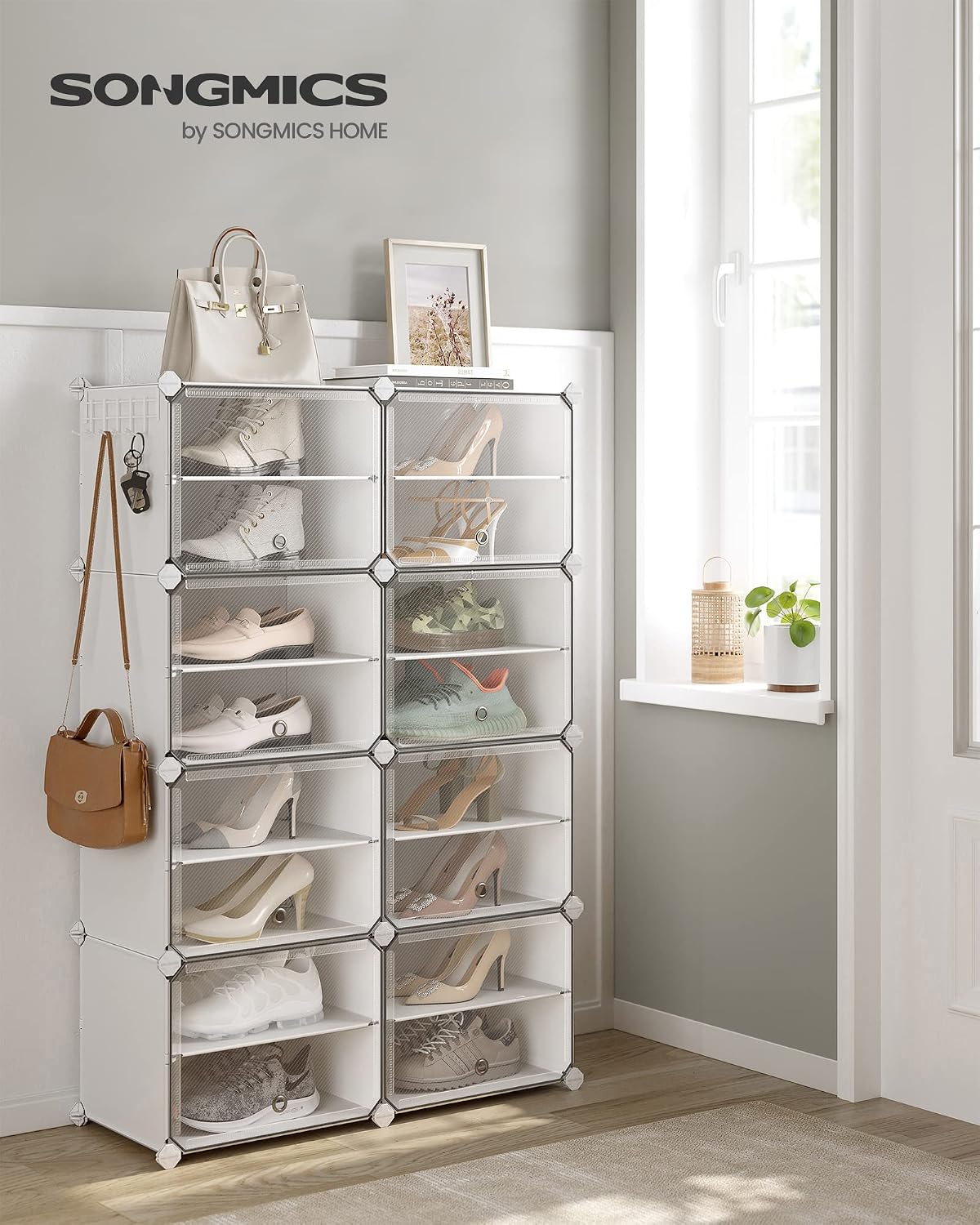 SONGMICS Shoe Rack Organizer, 8-Tier Shoe Storage Cabinet for Closet and Entryway, Holds 32 Pairs of Shoes, Adjustable, Cloud White and Transparent ULPC034W01
