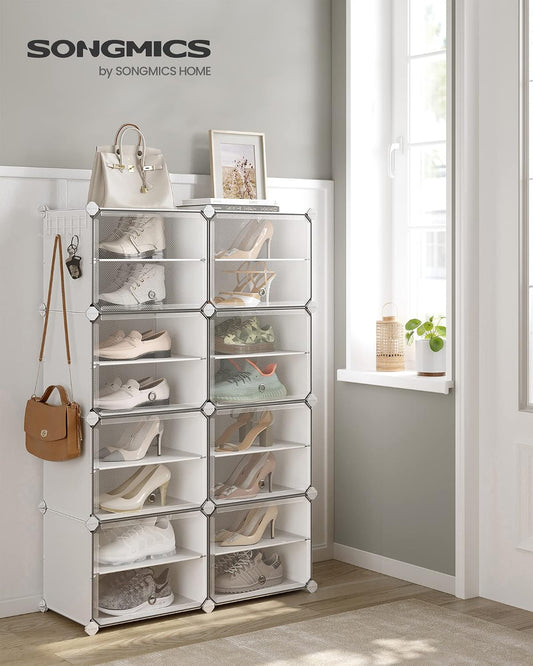 SONGMICS Shoe Rack Organizer, 8-Tier Shoe Storage Cabinet for Closet and Entryway, Holds 32 Pairs of Shoes, Adjustable, Cloud White and Transparent ULPC034W01
