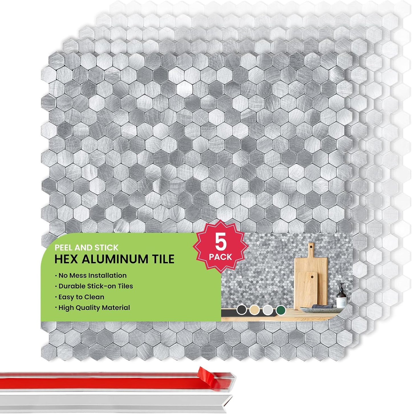Peel and Stick Subway Backsplash Tiles, 5 Pack, 12 x 12 in, Almond | extra thick 3D wall panels, heat and water resistant wall panels, easy DIY kitchen, bathroom, laundry, fireplace wall décor
