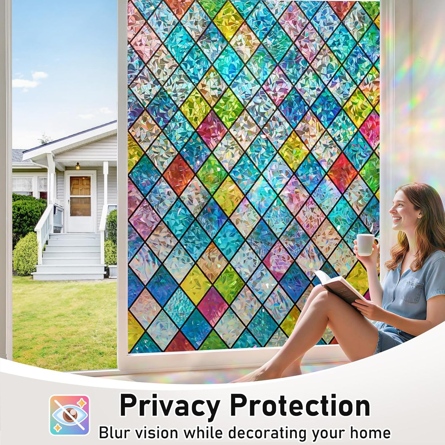 SUNBABY Reeded Glass Window Privacy Film, Frosted Glass Window Film for Bathroom & Front Door, Static Cling Decorative 3D Window Stickers Day and Night Privacy Sun Heat Blocking (17.5 x 78.7 Inch)
