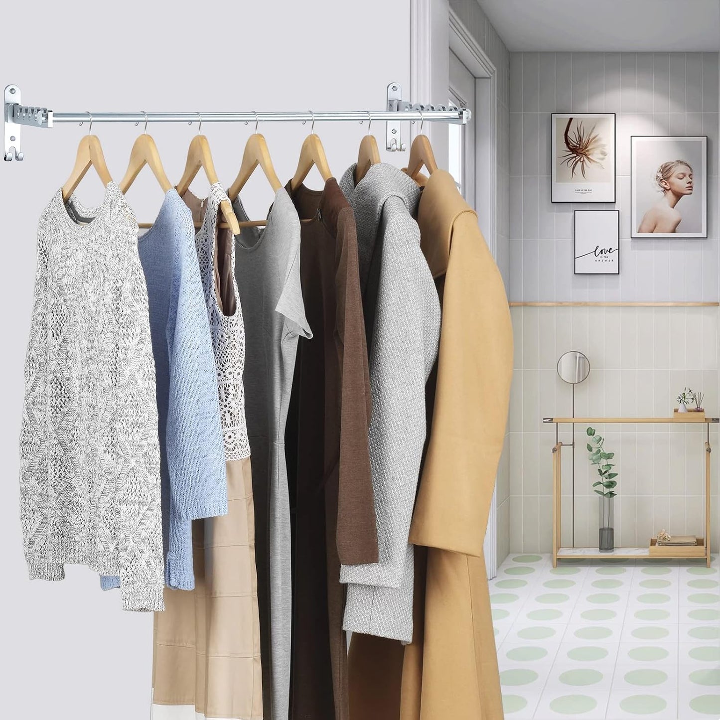 Clothes Drying Rack Wall Mounted Drying Racks for Laundry Room Organization and Storage Clothes Rack，Aluminum Dryer Rack with Two Drying Rods for Hanging Wet and Dry Clothes