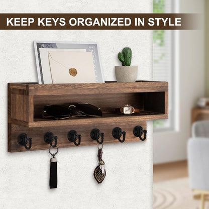 Key and Mail Holder Wall Mount, Key Hanger with Long Storage Box and 6 Hooks for Coat, Dog Leash, Home Decor Rack, House Accessories, Entry Way Organizer (Brown)