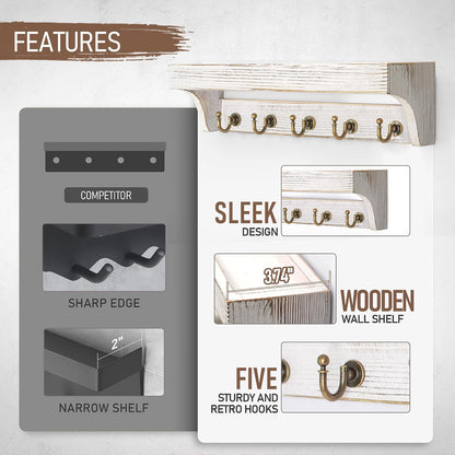 Rebee Vision Farmhouse Key Holder for Wall - Decorative Wooden Mail Organizer with 5 Rustic Key Hooks and Floating Shelf for Home Decor, Hallway, Entryway, Appartment (Retro Brown)